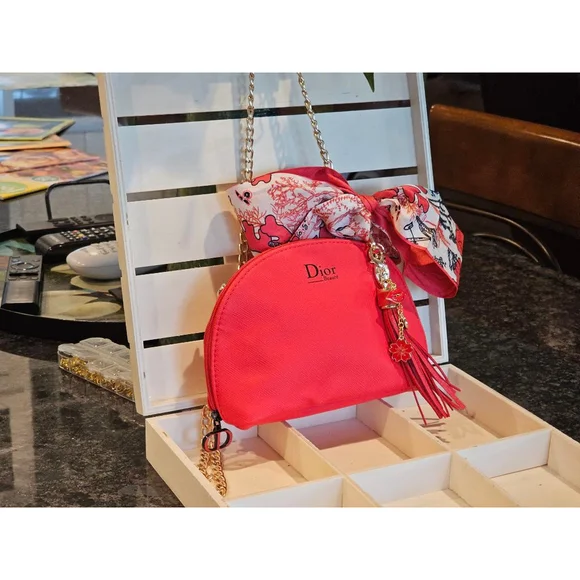 Christian Dior Red Clutch w/Crossbody Chain, Charms & Twilly Added NWOT - Picture 4 of 15